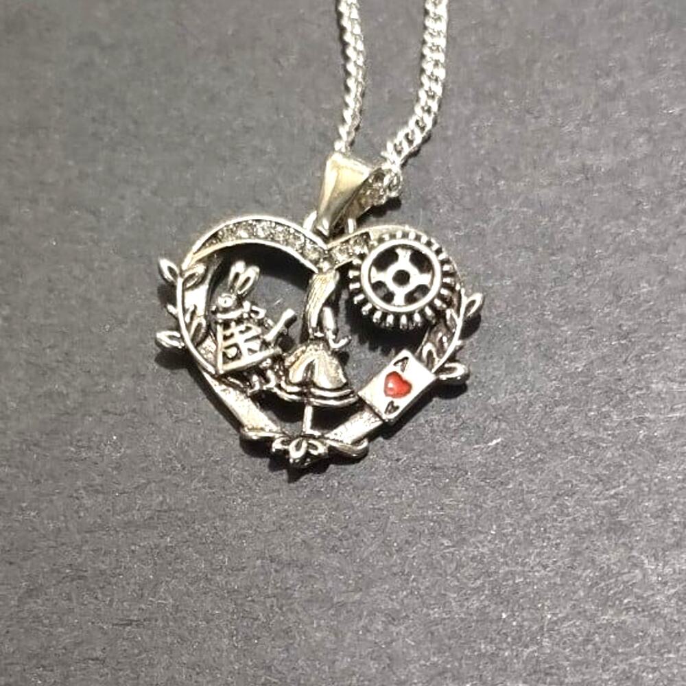 925 Sterling Silver Necklace W/ Alice In Wonderland Heart Women's Birthday Gift